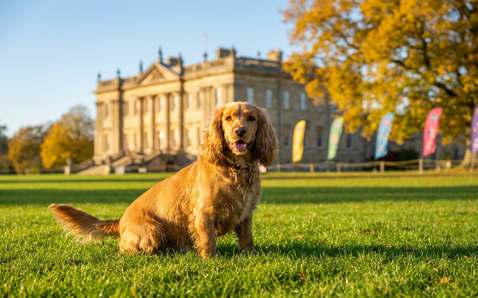 A Spaniel sitting on parkland grass in front of a grand English country estate