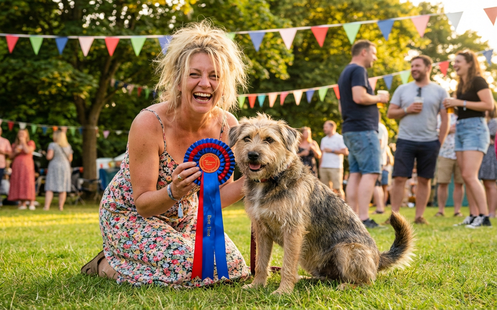A woman kneeling on grass holding a rosette next to her mixed-breed dog at a fun dog show