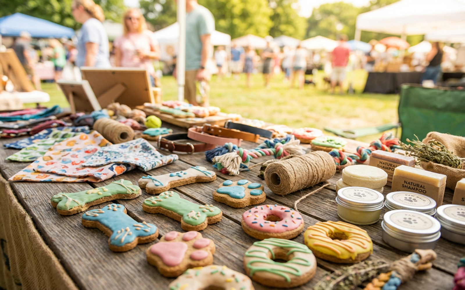 Colourful artisan dog treats and accessories displayed on a wooden market stall at a dog festival