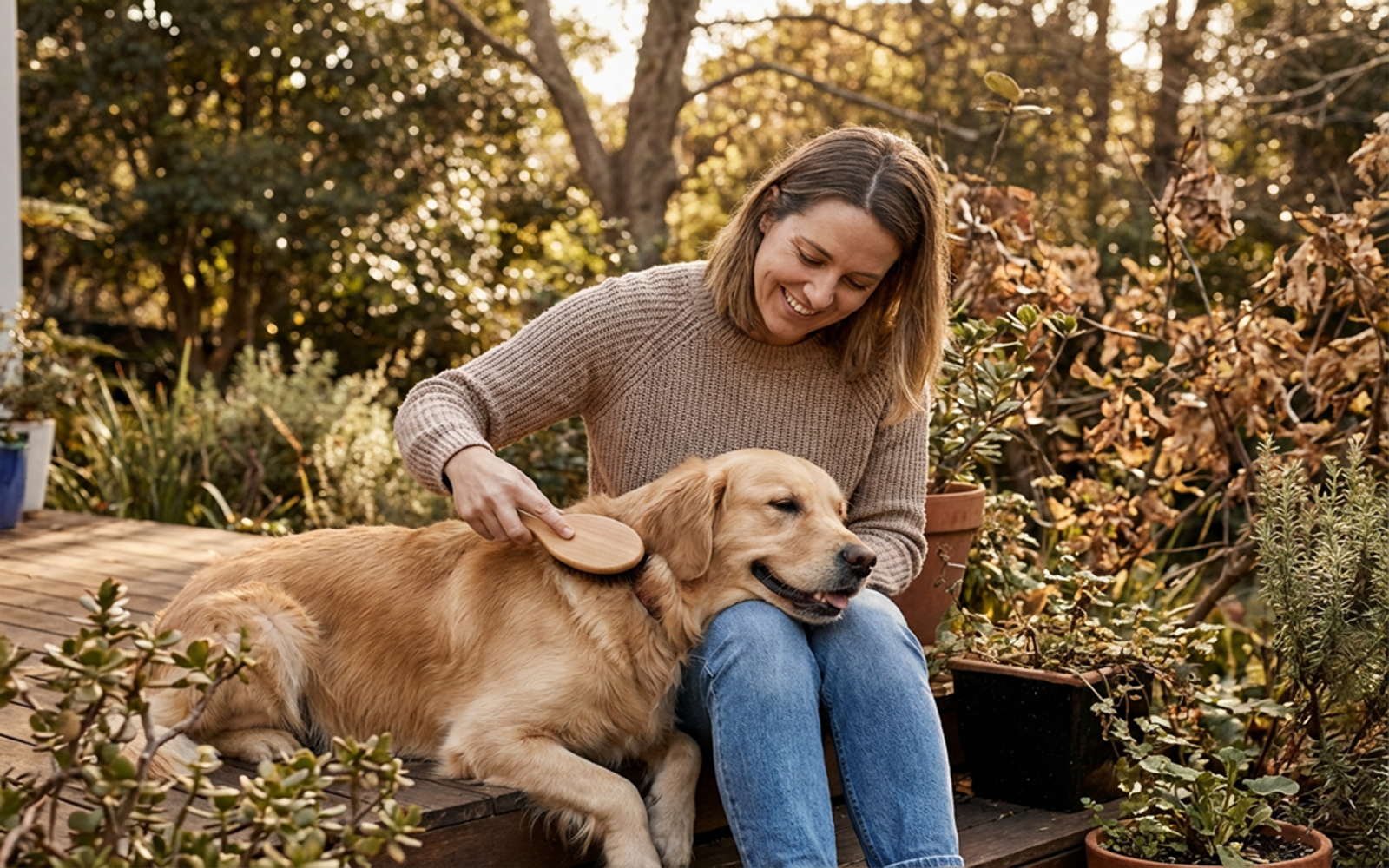 Dog being gently groomed outdoors with natural care approach