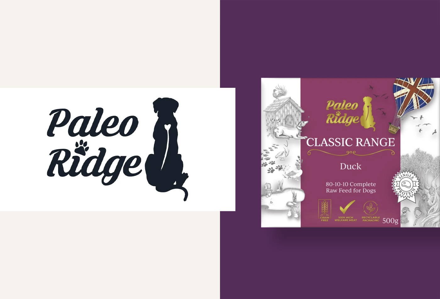 A split image with a logo that says "Paleo Ridge" accompanied by the silhouette of a seated dog on the left, and a product packaging design for Paleo Ridge Classic Range Duck, an 80-10-10 complete raw feed for dogs on the right, highlighting attributes such as "grain-free," "high welfare meat," and "recyclable packaging."