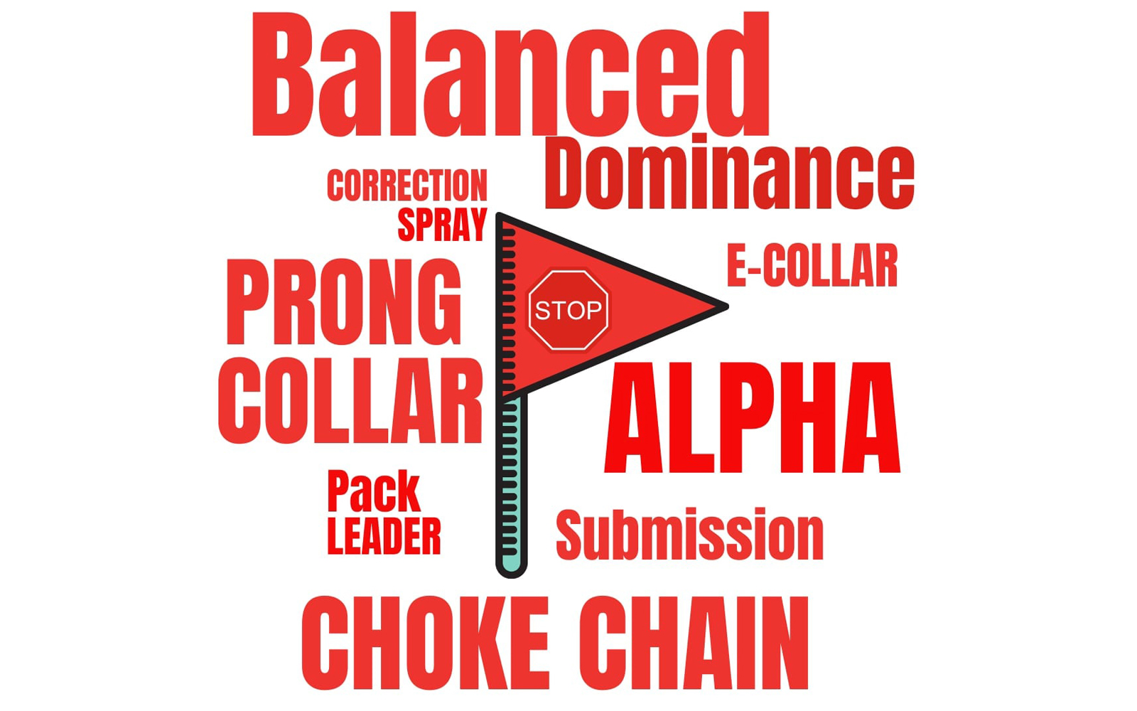 The image features a graphic with a combination of red text and a central stop sign integrated into a black measuring tape. Words related to dog training methods, such as "Balanced," "Dominance," "Prong Collar," "Alpha," "Correction," "Pack Leader," "Spray," "Submission," "Choke Chain," and "E-Collar" are arranged around the tape measure to form an abstract pyramid shape with the stop sign at the apex.