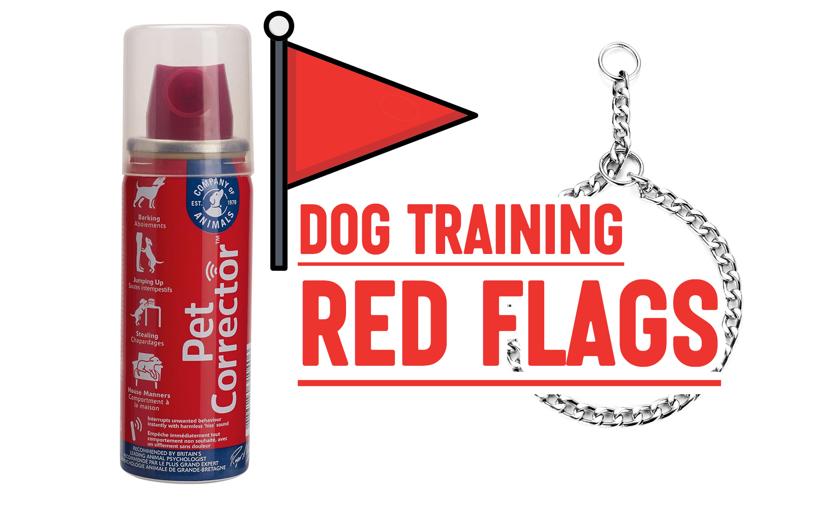 An image with a spray can labeled 'Pet Corrector' on the left, a red flag icon in the center, and a chain collar on the right, with the words "DOG TRAINING RED FLAGS" overlaid in large red text.